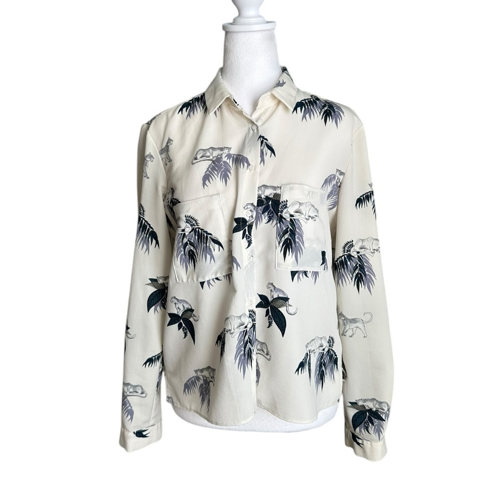 Zara Collared Jaguar Print Long Sleeve Top Size M